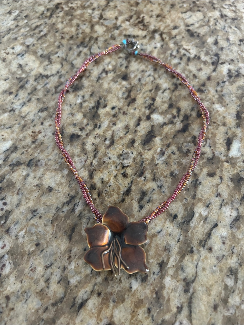 Copper Floral Pendant Necklace with Pink Beaded Cord